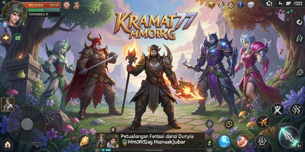 Screenshot gameplay KRAMAT77 menampilkan pertarungan epik dan karakter yang beragam.