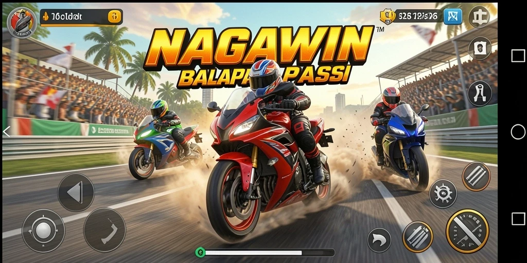 Screenshot gameplay NAGAWIN menunjukkan aksi balapan motor yang mendebarkan.